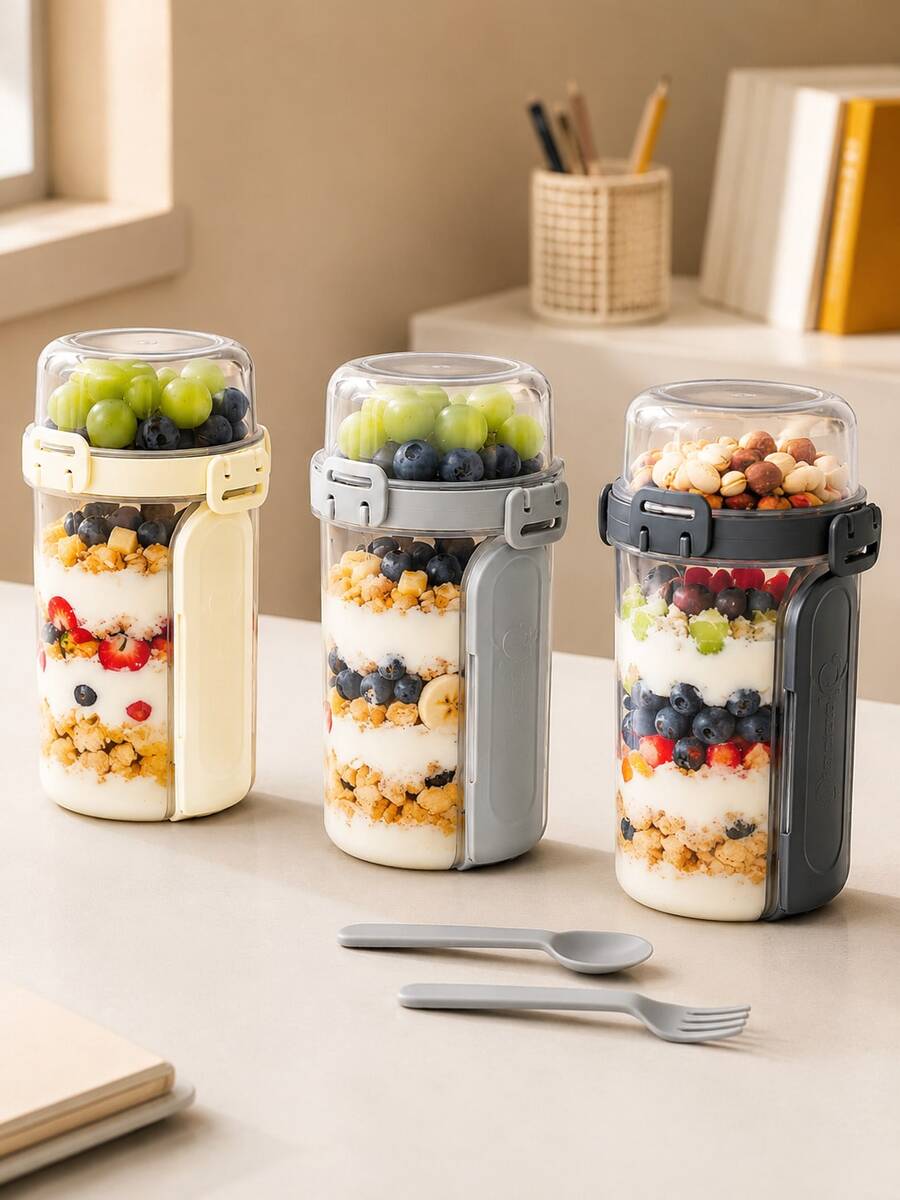 Leak-Proof Double-Layer Salad Box With Fork And Spoon, Detachable Portable Food Cup, Suitable For School, Lunch, Yogurt, Travel, Camping Tent Accessories, Travel Essentials Holiday