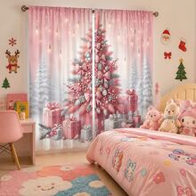 2PCS Silver‑Pink Christmas Tree Print Light Sheer Curtains, Semi-Sheer For Privacy Protection. Easy Rod Pocket Installation, Quick-Dry, Fade-Resistant After Washing, Lightweight And Washable. Ideal For Home, Room And Kitchen Decor & Space Dividers. - Multicolor - View 8