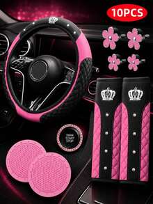 Set Aksesori Interior Mobil Mewah 10 Buah dengan Hiasan Mahkota Berlian Imitasi, Sarung Setir Berlapis, Bantalan Bahu Sabuk Pengaman, Klip Ventilasi Udara Motif Bunga Daisy, Alas Tempat Gelas, Stiker Tombol Start Stop, Set Dekorasi Mobil Universal - 10 buah - View 14