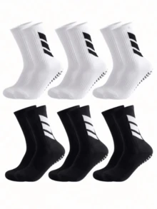 1/4/6 Pasang Kaos Kaki Pria Anti Selip Berbintik Bergaris Bernapas Setinggi Betis, Cocok Untuk Latihan Sepak Bola dan Skenario Jarak Jauh - Hitam dan Putih - View 2
