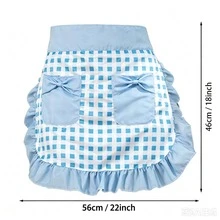 [Sweet Cooking Daily]Blue & Black Plaid Bow Pocket Short Apron Cute Versatile Maid Apron Ruffle Edge Cooking - Multicolor - View 5