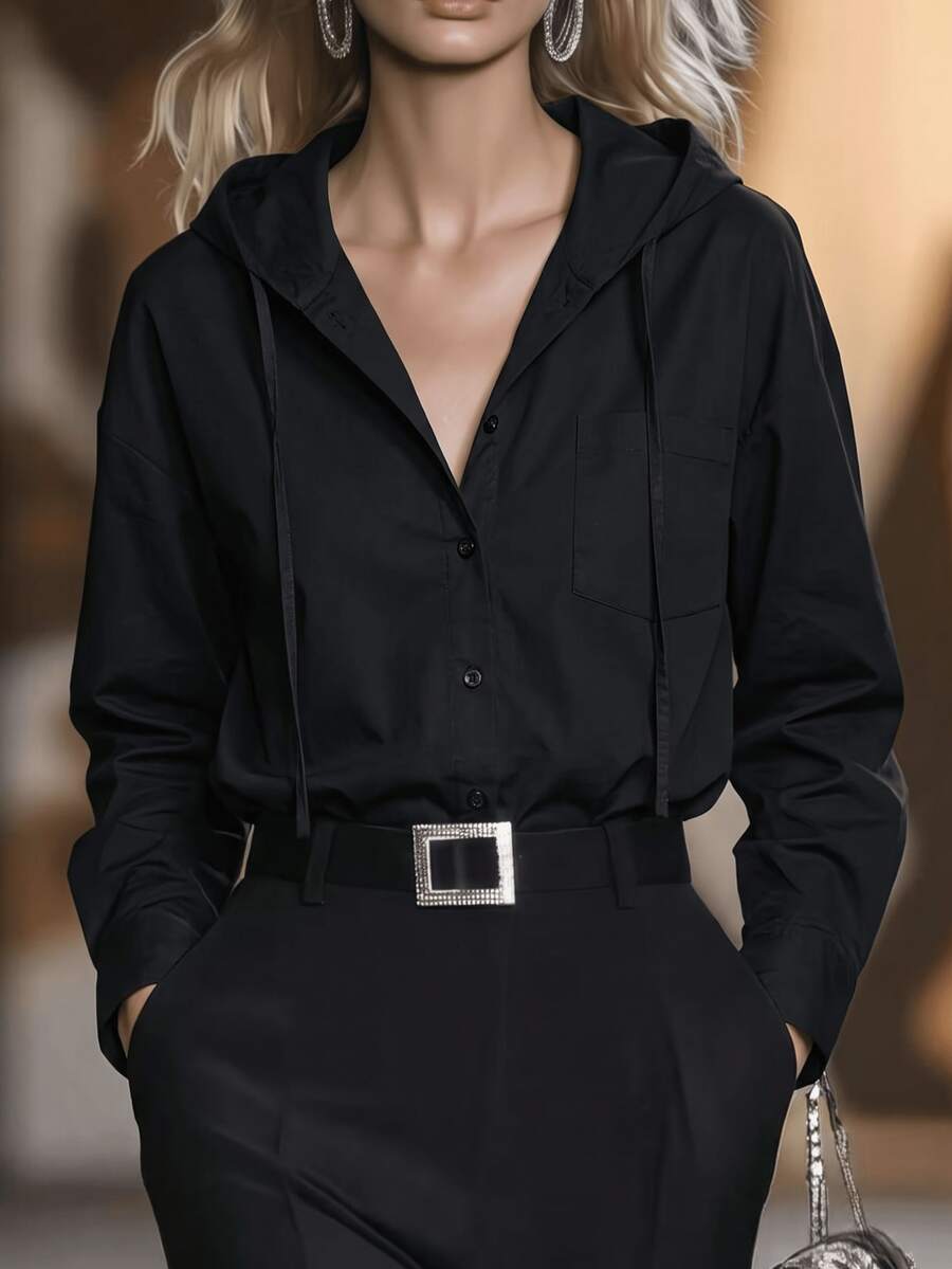Women's Black Long Sleeve Hooded Button-Up Shirt With Drawstring, Asymmetric Hem With Front Short Back Long, Polyester Fabric Spring - Black - View 1