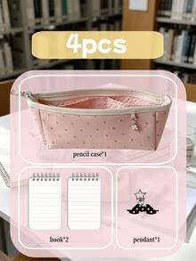 Star Print Canvas Pencil Case Set, Aesthetic Large Capacity Student Stationery Storage Bag. Set Includes 1 Pencil Case, 2 Spiral Notebooks And 1 Cute Charm. - Sets - View 9
