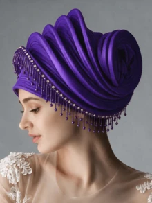 1pc Luxury Shiny Pleated Turban With Bead Fringe, Elegant Wedding Party Head Wrap Hat For Women - Multicolor - View 3