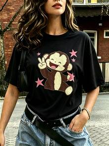 Women's Cartoon Monkey Print Loose Casual Y2k 2000s T‑Shirt, Everyday Daytime Black Summer Top - Black - View 1