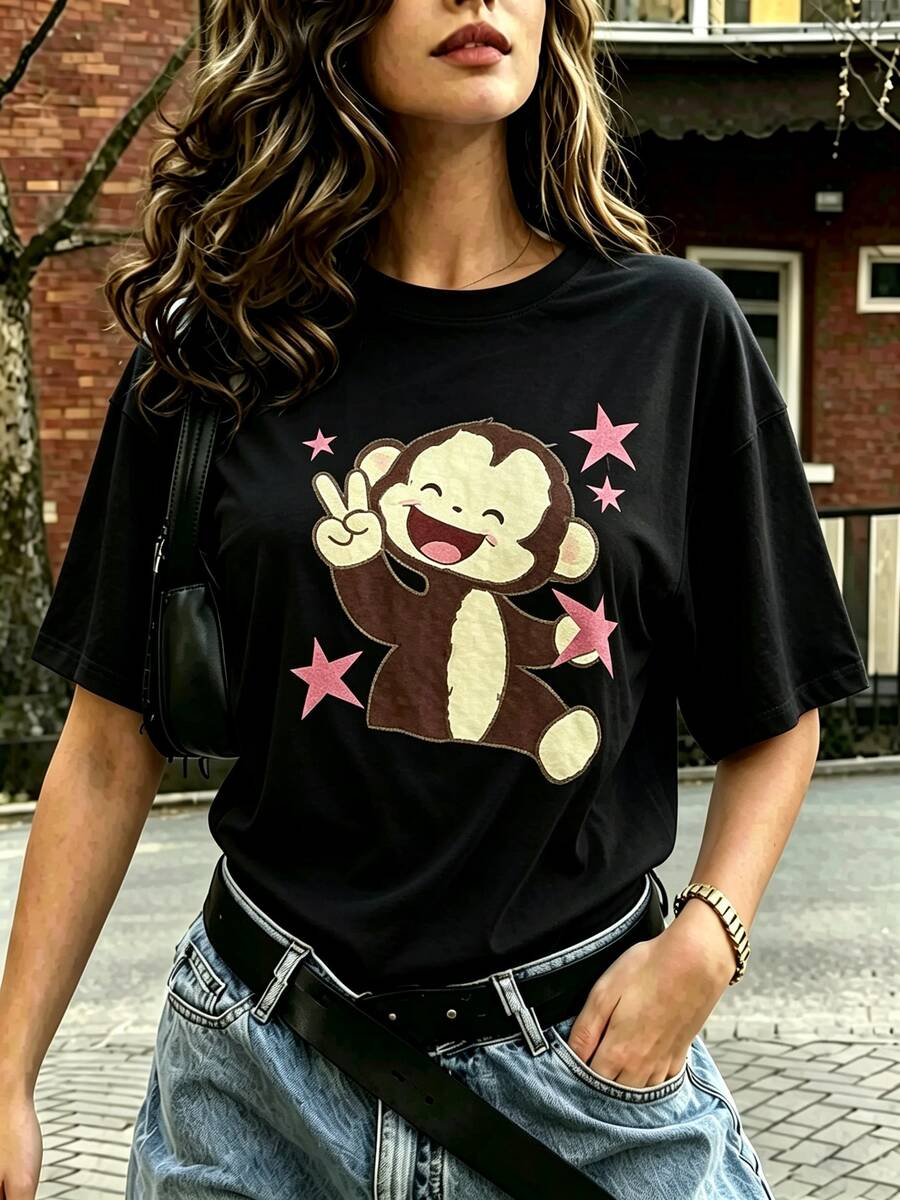 Women's Cartoon Monkey Print Loose Casual Y2k 2000s T‑Shirt, Everyday Daytime Black Summer Top - Black - View 1