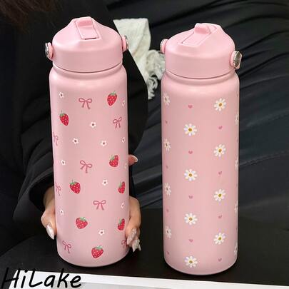 Botella de agua de 800ml con aislamiento al vacío en color rosa, taza térmica con estampado de margaritas & lazos de fresa, taza portátil de acero inoxidable con tapa abatible, utensilio de bebida reutilizable para el hogar, apto para casa, cocina, restaurante, oficina y aislamiento de bebidas frías & calientes