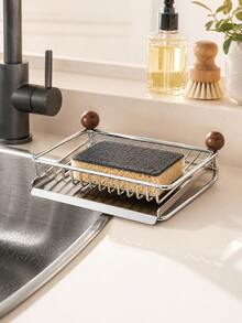 1pc Soap Dish Holder, Stainless Steel And Solid Wood Countertop Organizer With Drain Tray, Multi-Purpose Storage Rack For Bathroom Soap, Kitchen Sponge And Makeup Brush, Space Saving Freestanding Holder For Vanity And Home Organization - Multicolor - View 6