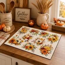 1pc White Sunflower Pumpkin Floral Pattern Kitchen Absorbent Drying Mat, Autumn Pastoral Style, Suitable For Kitchen Countertop, Coffee Machine, Dining Table And Thanksgiving Home Decor - Multicolor - View 1