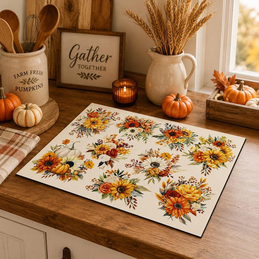 1pc White Sunflower Pumpkin Floral Pattern Kitchen Absorbent Drying Mat, Autumn Pastoral Style, Suitable For Kitchen Countertop, Coffee Machine, Dining Table And Thanksgiving Home Decor - Multicolor - View 1