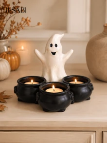 1pc Halloween Ghost Cauldron Tea Light Candle Holder, Ghost Shaped With 3 Cauldron Candle Holders, Spooky Cute Tabletop Decor, Suitable For Halloween Party Home Bookshelf Decoration, Candles Not Included - Ghost Candlestick - View 5