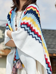CAMEL CROWN Poncho Rajut Boho Wanita, Selendang, Cardigan Berumbai, Model Terbuka Depan dengan Pola Geometris, Sweater Cape, Leher V, Ruana Nyaman Ukuran Besar untuk Musim Gugur dan Musim Dingin - Memantulkan Warna Biru Bulan - View 2