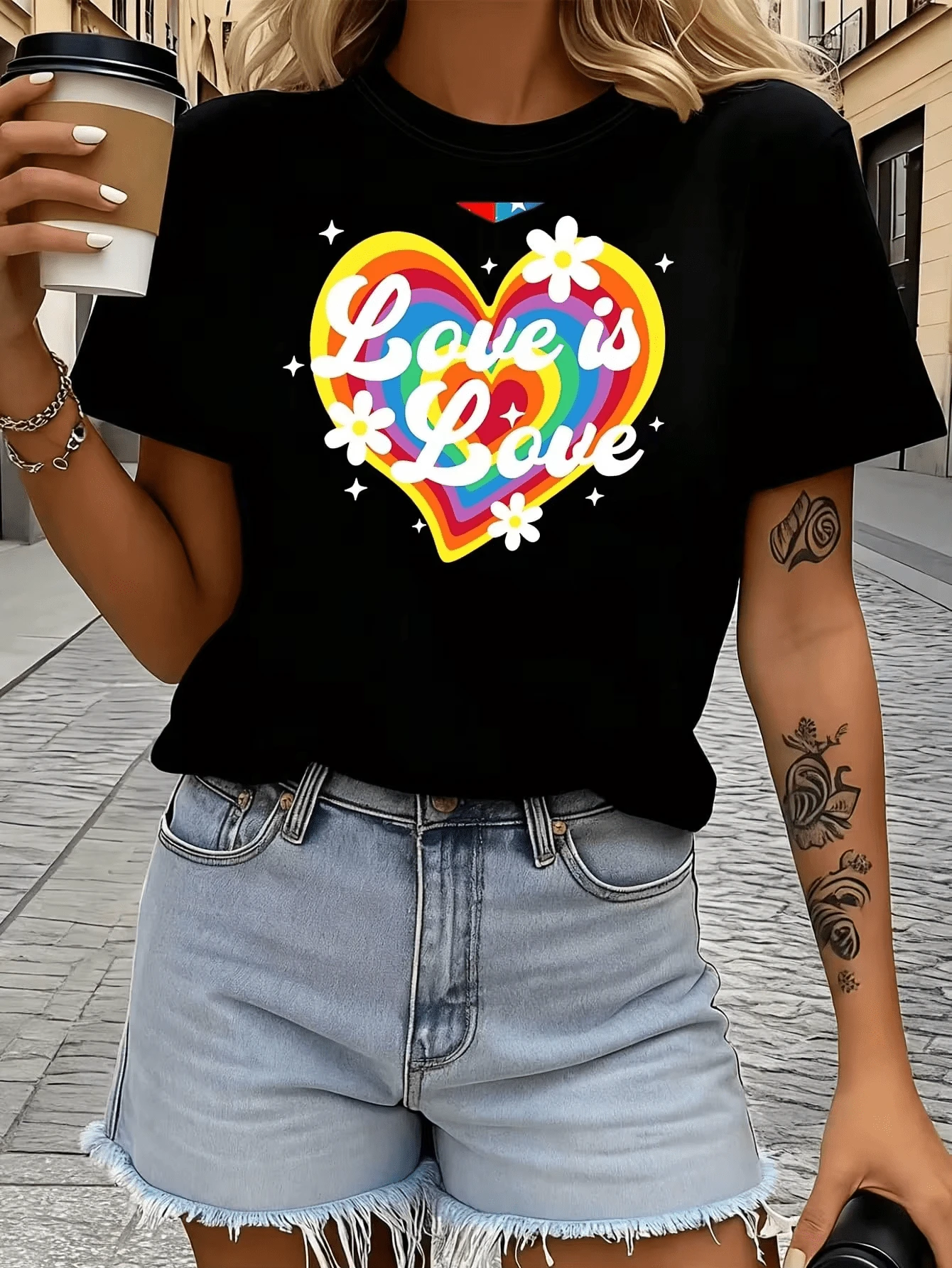 Pride Month Rainbow Women's T-Shirt, Novelty Shirt, Casual Crew Neck Topfall Tops Women - Black - View 1