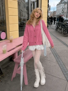 Women's Autumn/Winter Youthful Minimalist Hooded Cardigan Sweater Jacket - Rose Pink - View 4