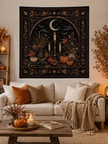1pc-Halloween Vintage Gothic Polyester Tapestry, Pumpkin Ghost Moon Floral Wall Hanging Backdrop For Bedroom Home Party Decor - A - View 9