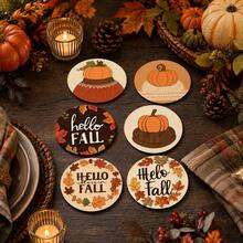 6pcs Autumn Theme Home Decor Diatomaceous Earth Coasters, Beverage Coasters, Coffee Coasters, Mug Coasters, Tea Coasters, Vintage Hand-Painted Style, Pumpkin & Maple Leaf Pattern, Heat-Insulated Desktop Protection, Autumn Home Gift, Suitable For Dining Table, Coffee Table, Kitchen Decor, Thanksgiving Party And Autumn Home Decoration - Multicolor - View 5