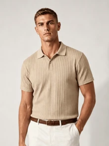 Camisa polo de textura de verano para hombre, camiseta de manga corta casual de negocios - Caqui - Ver 1