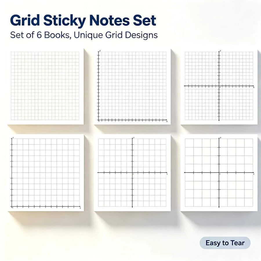 12‑Pad Grid Sticky Notes Set, Math Coordinate Graph Memo Pads, Easy‑Tear Self‑Adhesive, 3*3 Inch (7.6*7.6cm) For Student Math Drafting Sketching School Supplies - 1 Pack - View 1