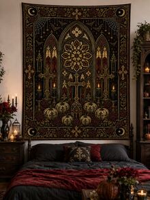 1pc-Halloween Vintage Gothic Polyester Tapestry, Pumpkin Ghost Moon Floral Wall Hanging Backdrop For Bedroom Home Party Decor - A - View 36