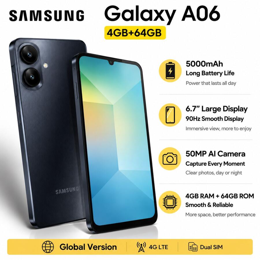 Samsung Galaxy A06 智慧型手機 4GB+64GB 全球版 4G LTE,Android 14 解鎖手機,5000mAh 大電池,50MP 相機,6.7 吋大螢幕手機,側邊指紋辨識,雙 SIM 卡,不含充電器 - 黑色 - 查看 1