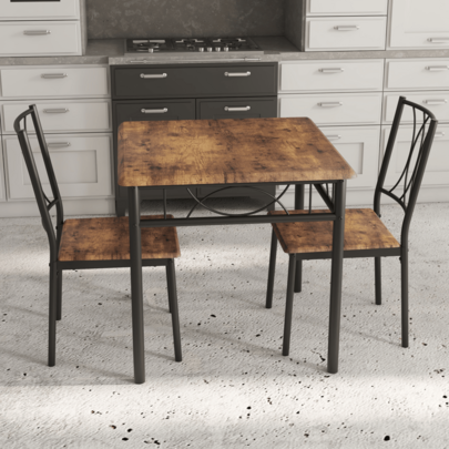 Space-Saving 3-Piece Dining Table Set For 2 – Square Metal & Wood Table With Upholstered Chairs – Compact Rustic Dining Room Furniture For Small Spaces, Apartments