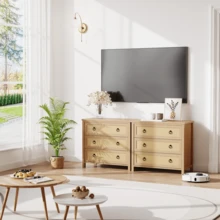 Rattan Chest Of Drawers With Round Handles , Bedroom Storage Unit (Single Item), 3/4 /5/6/7 Tier Natural Woven Storage Cabinet, Large Farmhouse Style Clothing Organizer For Bedroom And Living Room - Wood Color - View 1