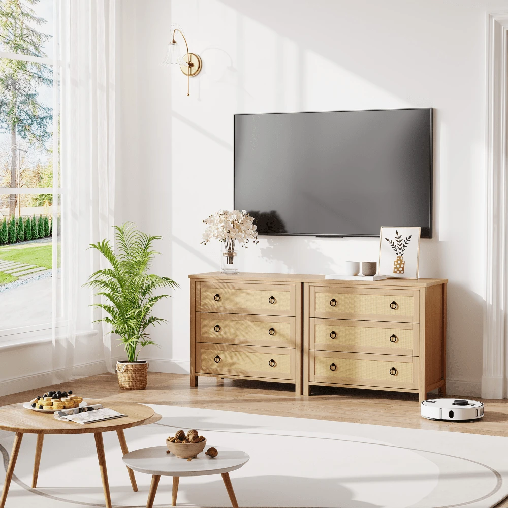 Rattan Chest Of Drawers With Round Handles , Bedroom Storage Unit (Single Item), 3/4 /5/6/7 Tier Natural Woven Storage Cabinet, Large Farmhouse Style Clothing Organizer For Bedroom And Living Room - Wood Color - View 1