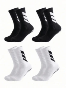 1/4/6 Pasang Kaos Kaki Pria Anti Selip Berbintik Bergaris Bernapas Setinggi Betis, Cocok Untuk Latihan Sepak Bola dan Skenario Jarak Jauh - Hitam dan Putih - View 3