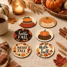 6pcs Autumn Theme Home Decor Diatomaceous Earth Coasters, Beverage Coasters, Coffee Coasters, Mug Coasters, Tea Coasters, Vintage Hand-Painted Style, Pumpkin & Maple Leaf Pattern, Heat-Insulated Desktop Protection, Autumn Home Gift, Suitable For Dining Table, Coffee Table, Kitchen Decor, Thanksgiving Party And Autumn Home Decoration - Multicolor - View 2