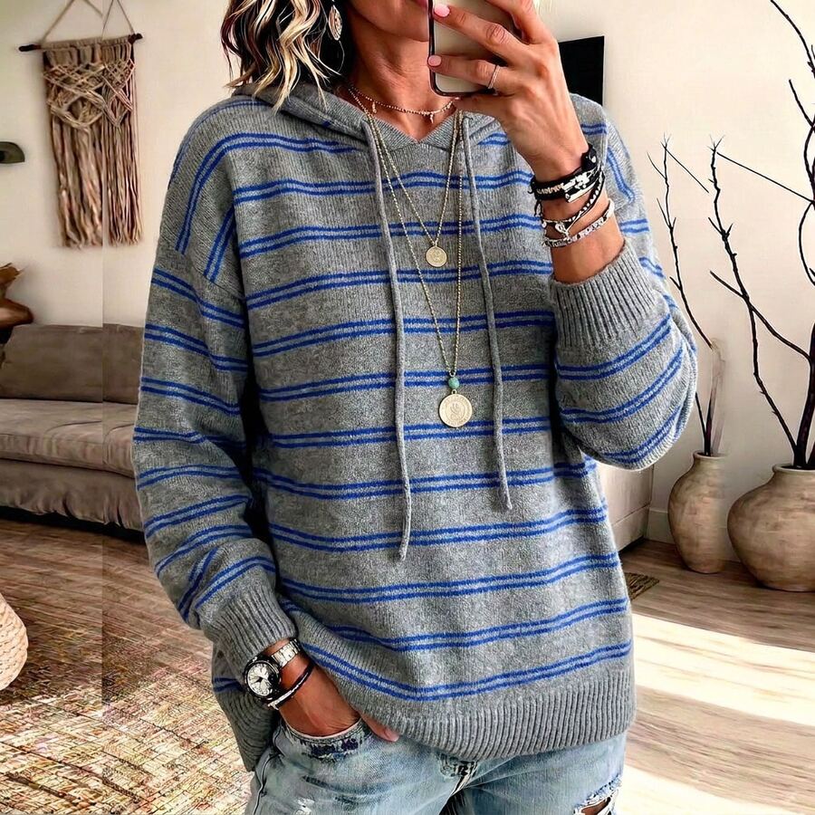 Women's Autumn/Winter Colorful Striped Round Neck Knitted Sweater, Slightly Sheer Texture With Matte Velvet Feel Vacation - Grey - View 1