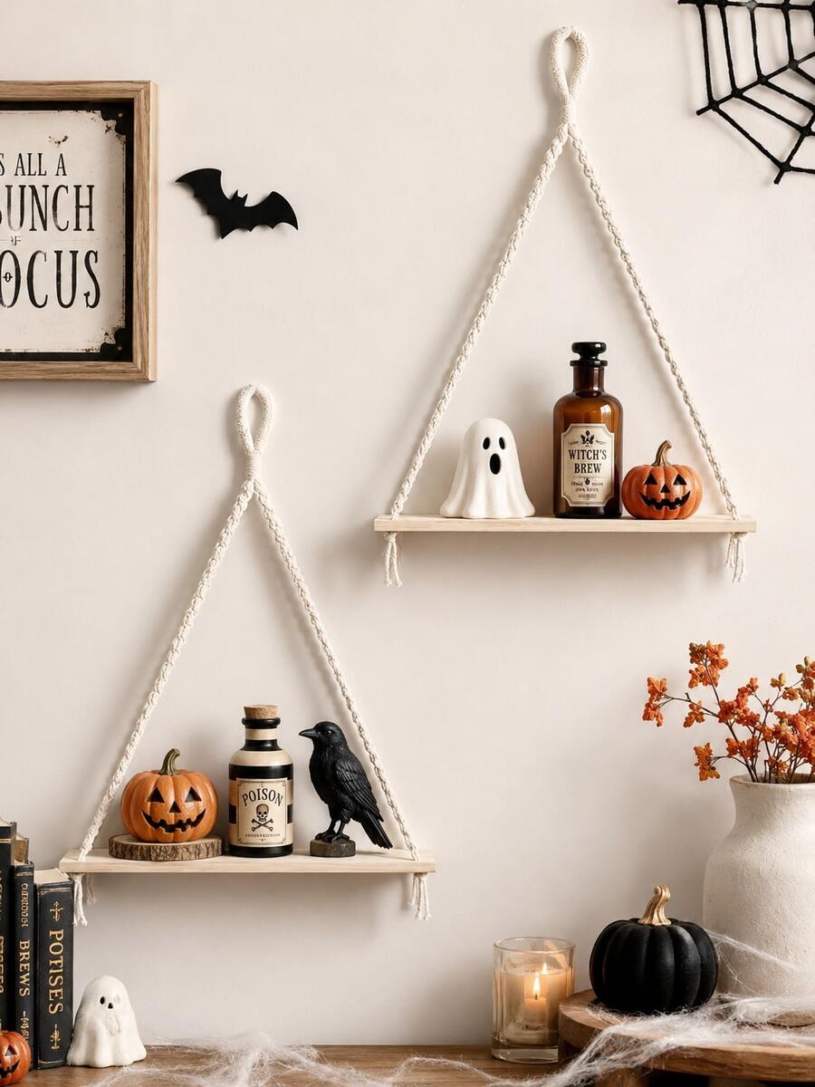 1pc/2pcs Handmade Woven Wall Hanging Shelf, Triangle Wooden Floating Storage Rack, Bohemian Style Wall-Mounted Organizer, Handmade Rope Tassel Shelf, Minimalist Home Decor, Natural Beige, Suitable For Living Room, Bedroom, Office And Entryway Decoration, Autumn Thanksgiving Halloween Christmas Party Decor