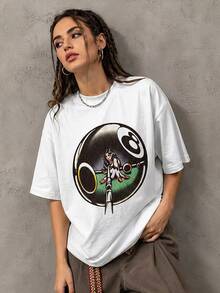 Women's Cotton Short-Sleeve T-Shirt, Billiard And Directional Arrow Print, Crew Neck, Graphic Top, Women's Autumn, Direct Local Shipping - White - View 1