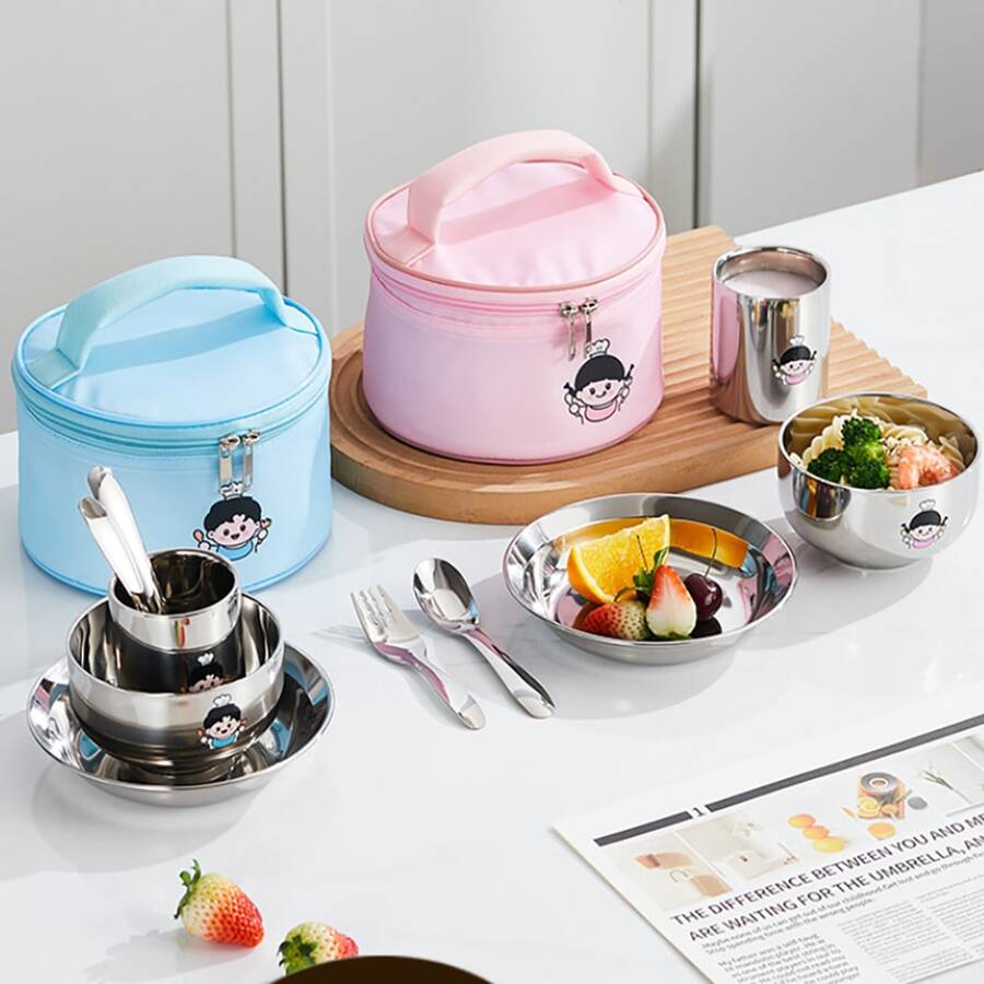 Cuenco de acero inoxidable para niños, taza de agua y cuenco para comida de bebé de doble capa con aislamiento térmico y anti-quemaduras con diseño de dibujos animados lindos, incluye bolsa de almacenamiento para utensilios - Multicolor - Ver 1
