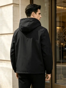 Men's Drawstring Hooded Utility Jacket, Full Zip Multi-Pocket, Yellow Contrast Strap Decor, Lightweight Outdoor Commuter Coat - Black - View 2