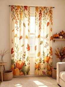 2pcs Digital Printed Curtains, Autumn Harvest Leaves & Pumpkin Watercolor Pattern, Rustic Farmhouse Style Fall Window Curtains - Multi-color - Autumn Leaf Pumpkin - View 2