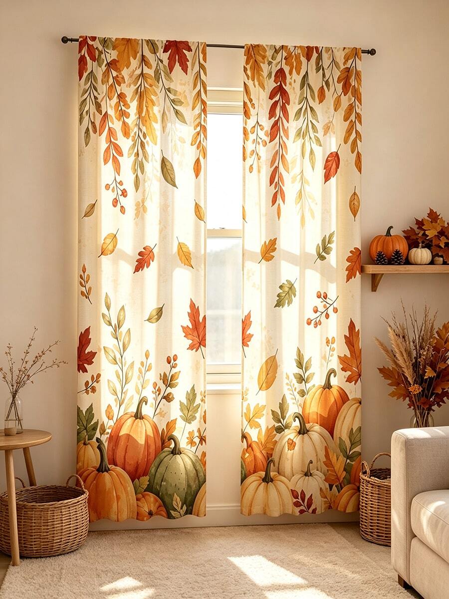 2pcs Digital Printed Curtains, Autumn Harvest Leaves & Pumpkin Watercolor Pattern, Rustic Farmhouse Style Fall Window Curtains