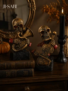 1pc Halloween Skeleton Musician Figurine, 2‑Style Skull Statue Playing French Horn & Cello, Retro Gothic Tabletop Ornament, Spooky Home Decor For Halloween Party Shelf Decoration - Halloween Skull Decor - View 4
