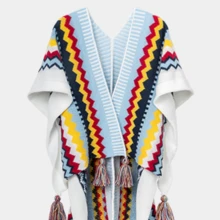 CAMEL CROWN Poncho Rajut Boho Wanita, Selendang, Cardigan Berumbai, Model Terbuka Depan dengan Pola Geometris, Sweater Cape, Leher V, Ruana Nyaman Ukuran Besar untuk Musim Gugur dan Musim Dingin - Memantulkan Warna Biru Bulan - View 4