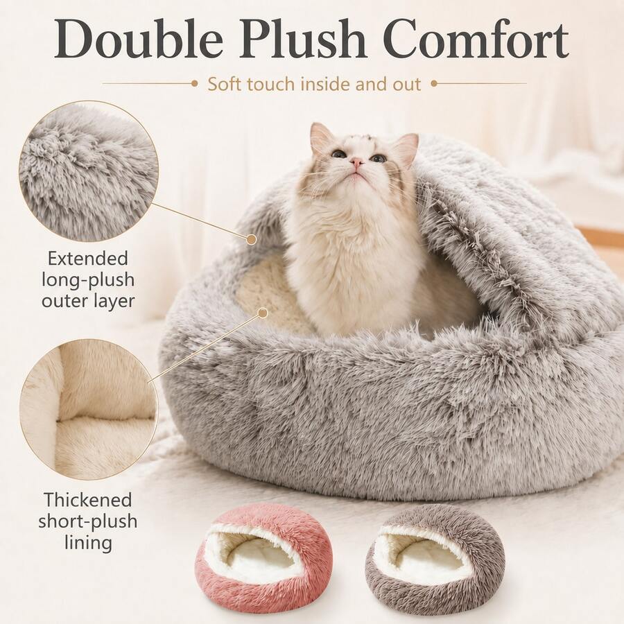 2026 Winter Upgraded Shell Semi-Enclosed Long Fur Cat Bed, Winter Warm Pet Bed, Highly Attractive Shell-Shaped Pet Bed, Plush Comfortable Cat Cave Bed For Small Dogs