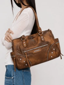 Dedoo Women's Tote Handbag, Vintage Washed Faux Leather, Rivet Zipper Detail, Multi-Pocket Large Capacity, Y2K Street Style, Daily Commute Shoulder Bag - Brown - View 8