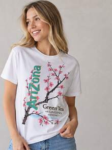 Women's Short-Sleeve T-Shirt, Floral Print, Crew Neck, Comfortable Casual Top, Women's Autumn, Ideal For Everyday Wear, Direct Local Shipping - White - View 3