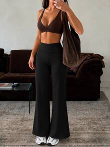 Casual Simple Yoga Pants High Waist Butt Lifting Flared Yoga Trousers High Stretch Tummy Control Bodycon Leggings Daily Sports Fall Winter Black - Black - View 3