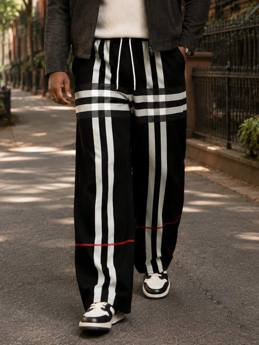 Men's Plus Size Wide Leg Pants, Minimalist Black & White Line Patchwork Print, Extra Large & Plus Size Tall Fit, Suitable For Daily Commute, All Season Wear - Black and White - View 1