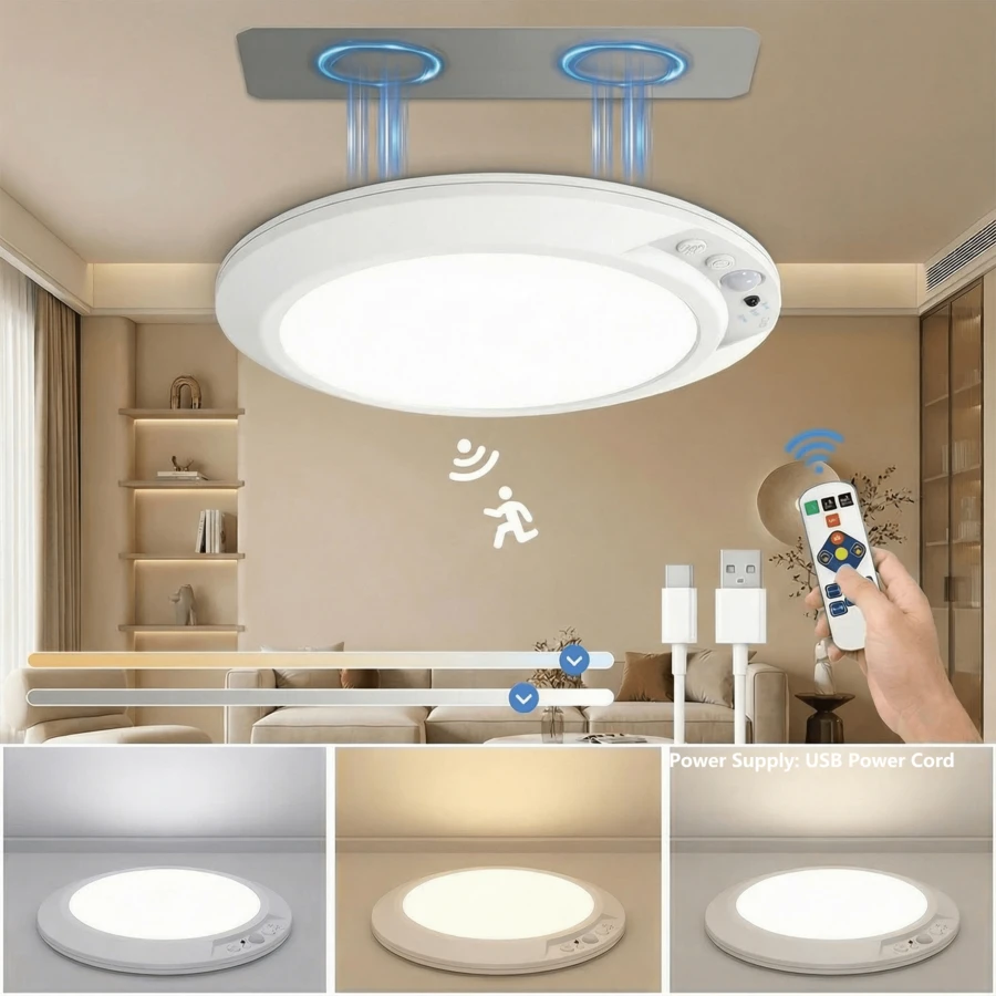 Rechargeable Motion Sensor Ceiling Light, Wireless Magnetic LED Ceiling Light With Remote Control, 3 Color Temperature Adjustable Brightness, No Wiring Adhesive Light, Suitable For Closet, Hallway, Stairwell, Bedroom
