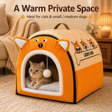 2-In-1 Foldable Pet House & Pet Bed With Removable Cushion, Comfortable Indoor Cat Bed Dog Bed With Handle And Hanging Plush Ball Toy, Suitable For Cats And Small To Medium Dogs - Multicolor - View 3