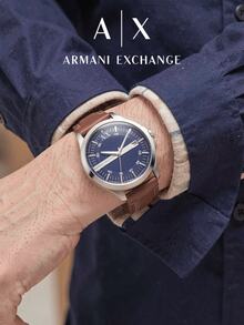 Armani Exchange Hampton 46mm Silver Stainless Steel Men's Watch, Brown Genuine Leather Strap, Blue Plaid Dial, Date Display AX2133 - Silver - View 7