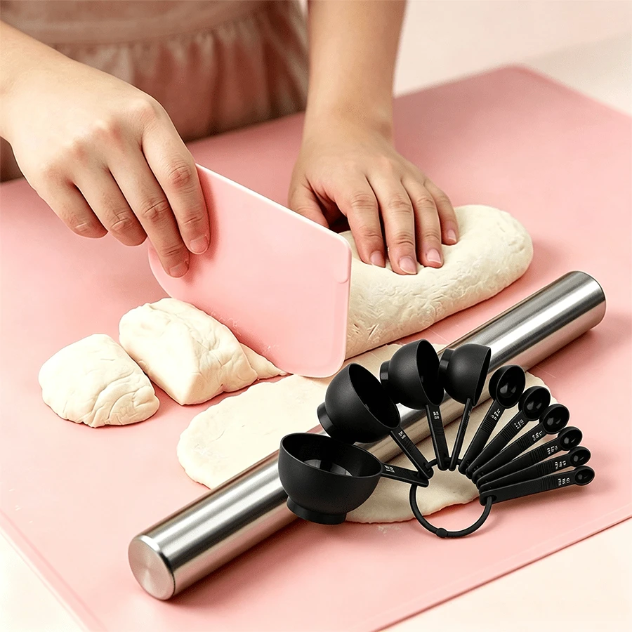 12pcs Baking Tools Set Includes 1pc 10-Inch Rolling Pin, 1pc 5.4-Inch Multi-Function Scraper, 4pcs Measuring Cups, 6pcs Measuring Spoons, Precise Ingredient Measurement, Suitable For Home Kitchen Making Dumplings, Bread, Pastries - View 1