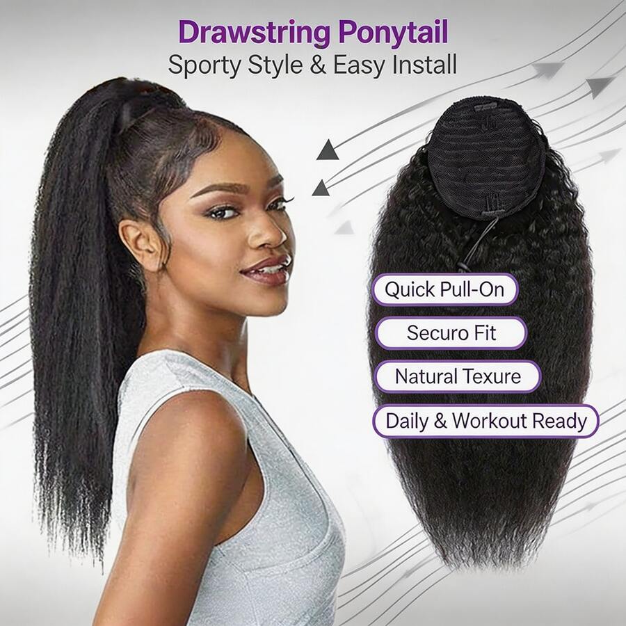 BINF Kinky Straight Drawstring Ponytail Hair Extension, Yaki Straight Ponytail With Combs, Natural Texture Hairpiece For African American Women Daily Protective Style