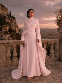 Blush Rose Draped Cape Gown - Pink - View 8