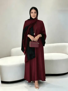 3-Piece Set Elegant Solid Color Middle Eastern Long Sleeve Open Front Robe + Vest Dress + Matching Hijab Set, Robe With Hijab 3-Piece Set, Arabic Clothing - Red and Black - View 2